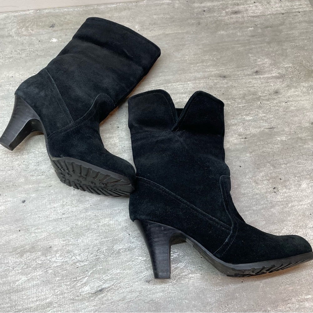 Zeria Suede Mid-Calf Boots Womens 8 Black Good Fold-Over Cuff Stacked Heel